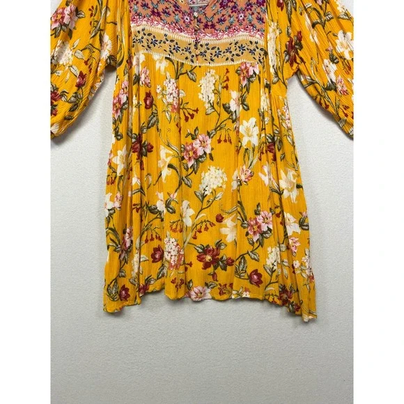 Boho Cottagecore Umgee Womens XL Mustard Yellow Floral Mixed Print Mini Dress - Picture 9 of 10